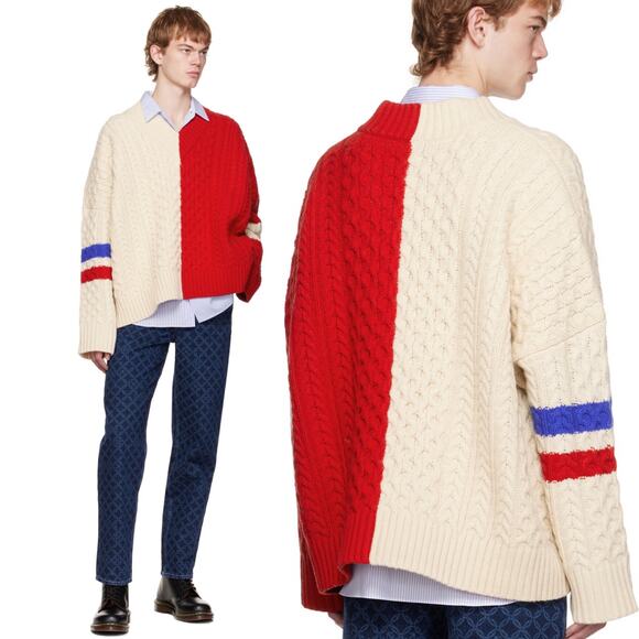 Charles Jeffrey Loverboy Off White Red College Cricket Cable Knit Wool Sweater - Picture 15 of 15